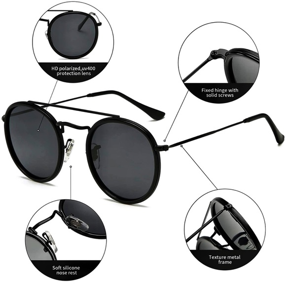 NWT DUSHINE Small Round Black Frame / Grey Lenses Round Double Bridge Sunglasses - Picture 4 of 10